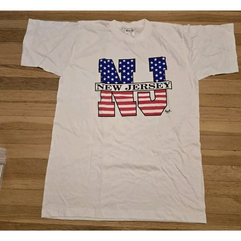 Vintage 1990s New-Jersey Shirt Large USA Flag Galaxy Tag 100% Cotton
